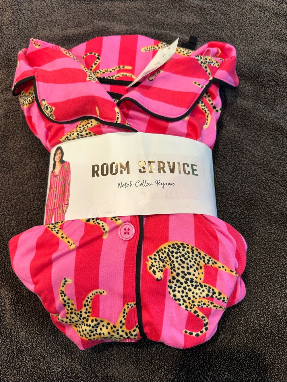 NWT Room Service Pink Striped Leopard Notch Collar Pajama Set Small